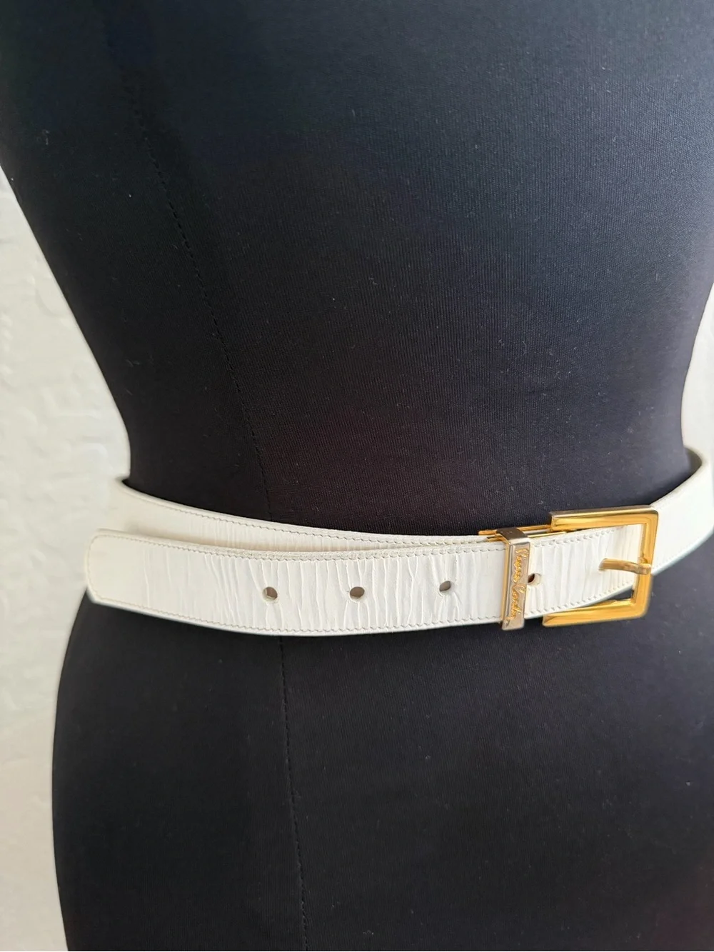 pierre cardin white belt textured, leather-and gold-tone buckle.